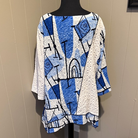 Moonlight Women XL Stylish Blue and White Abstract Blouse Long Sleeve Boho - Picture 4 of 6